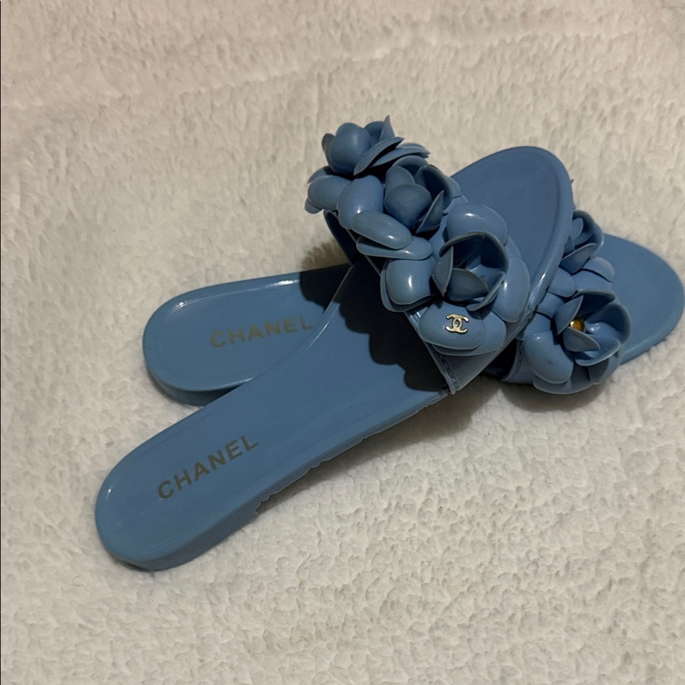 CHANEL Blue Camellia Slide Sandals - Picture 2 of 8